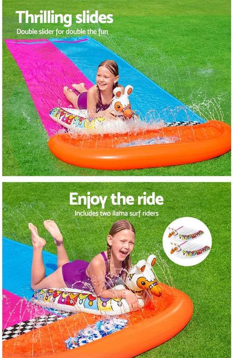 Immagine prodotto Bestway 2er-Wasserrutsche mit aufblasbaren Lama-Schwimmtieren (4.88 m)