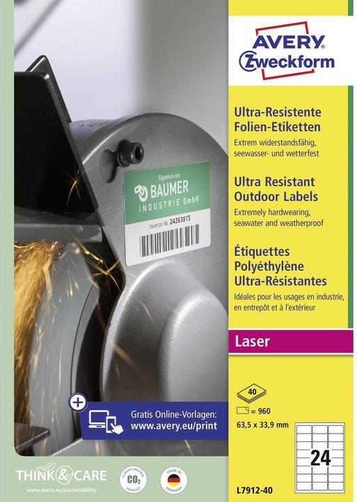 Immagine prodotto Avery ZW. Etichette 63,5x33,9mm L7912-40 bianco, opaco, A4 40 fogli