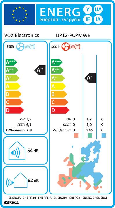 Label énergétique Vox AirCon IJP12-PCPMWB (12000 BTU/h)