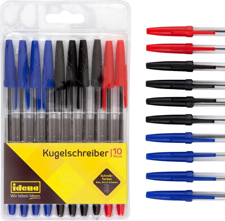 Idena 500234 - Kugelschreiber, 10 Stück, sortierte schreibfarben (Blau, Rot, Schwarz, 10 x)