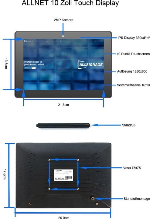 Immagine prodotto Allnet Tablet Touch Display 12 pollici PoE con 8GB/64GB, RK3568 Android 13 (12", 64 GB)