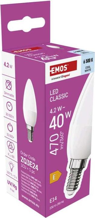 Image du produit Emos Lampe LED Classic Candle / E14 / 4,2 W (40 W) / 470 lm / Blanc froid (E14, 470 lm, 1 x)