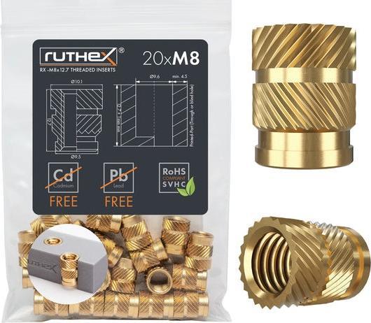 Ruthex M8 Gewindeeinsatz - 20 Stück RX-M8x12.7 Gewindebuchsen aus Messing (M8)
