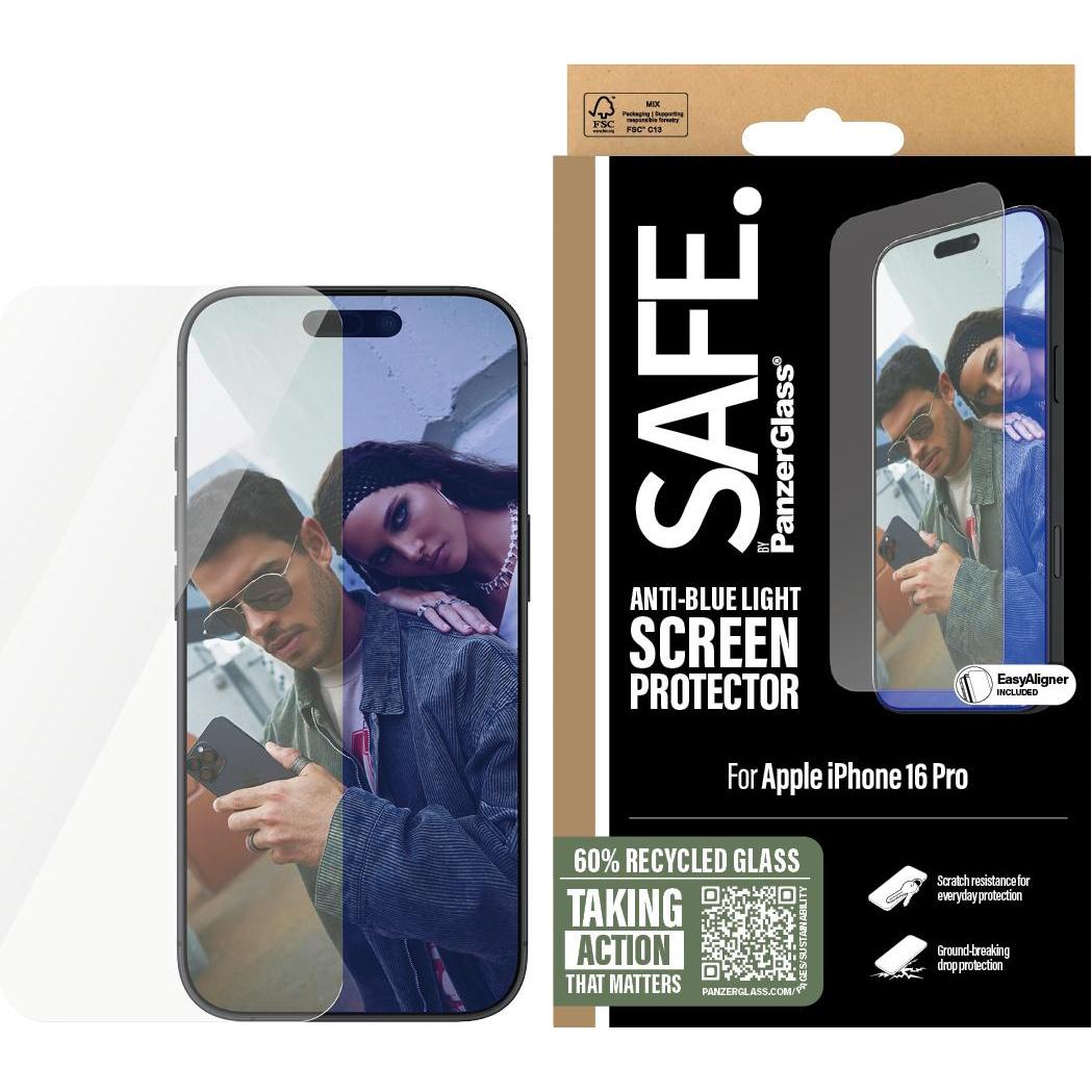 PanzerGlass SAFE. by  Anti-Blau Light Displayschutz iPhone '24 6.3" Pro Ultra-Wide Fit (1 Stück, Apple iPhone 16 Pro), S...
