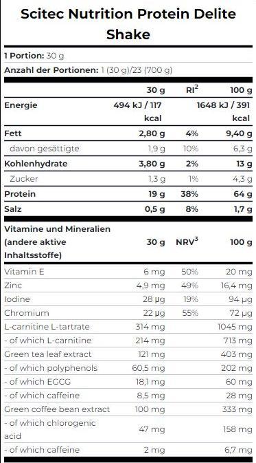 Nutritional values and ingredients Scitec Nutrition Protein Delite Shake (700g Dose) (Strawberry White Chocolate, 1 pcs., 700 g)