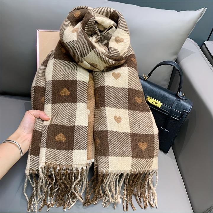 Only-Bags.Store Double-Sided Heart Pattern Scarf, Winter Plaid Warm Neck Wrap, Cozy Shawl For Autumn & Winter