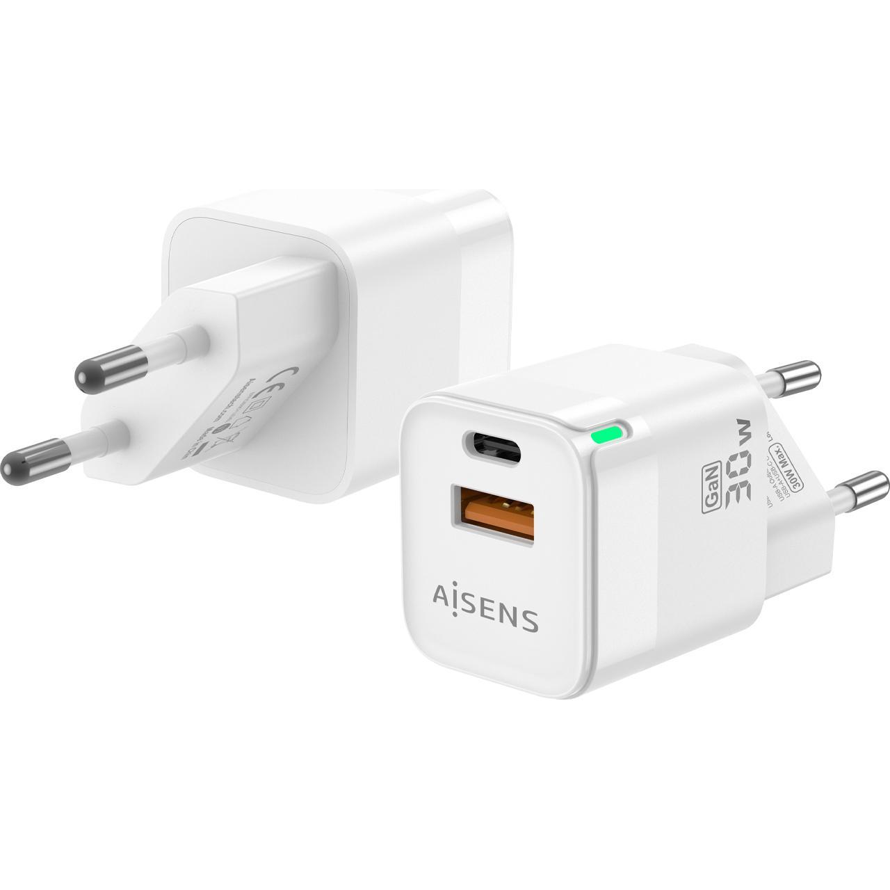 Aisens CARGADOR GAN 30W 1XUSB-C PD3.0 QC4.0 1XUSB-A QC3.0 BLANCO (30 W), Caricatore USB, Bianco