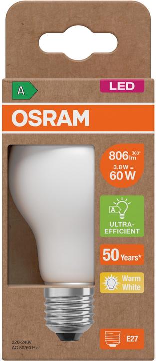 Actual product image Osram LED CLASSIC highest efficiency class A 3.8W 827 frosted E27 lamp 806lm 2700K warm white as 6 (E27, 806 lm, 1x)