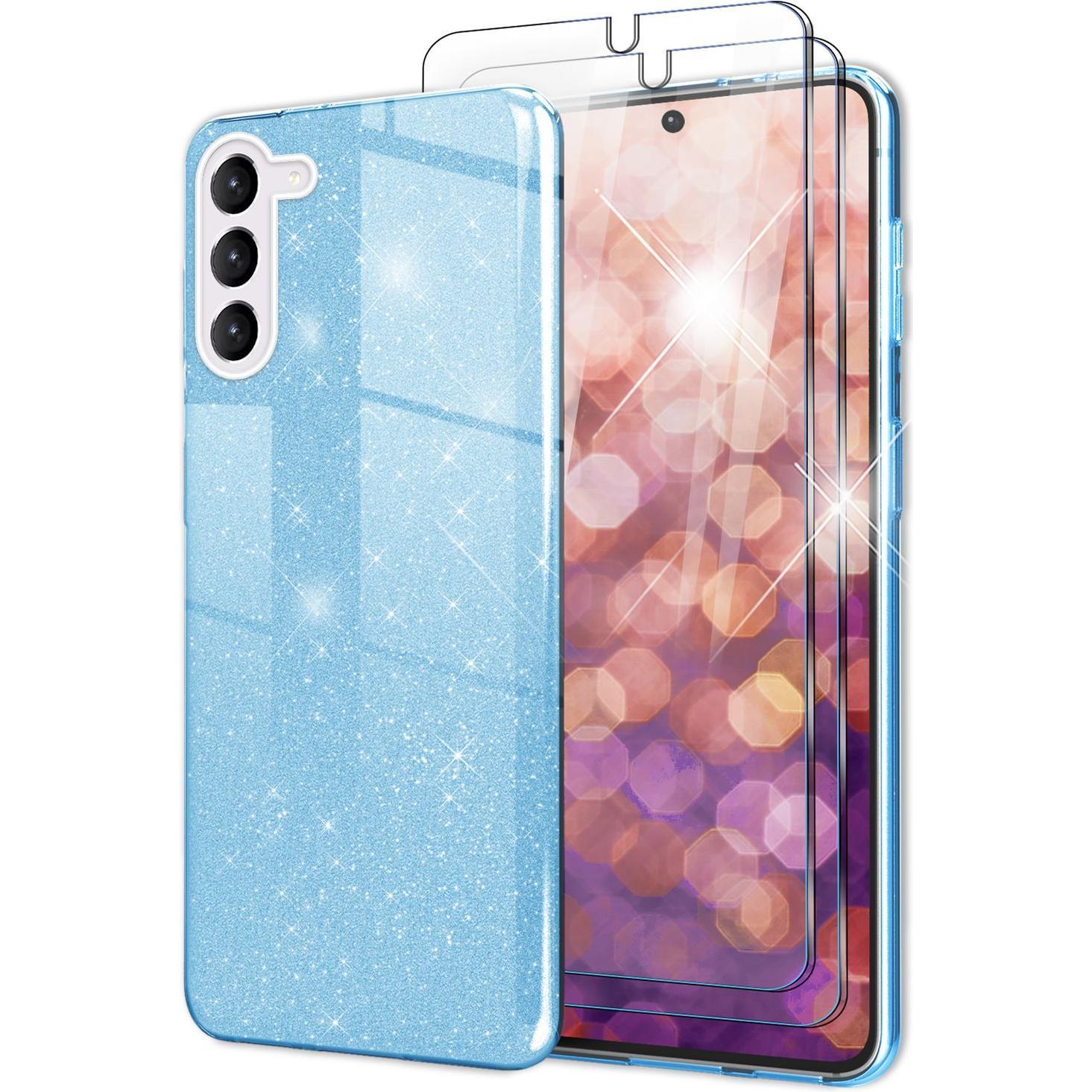 Nalia Glitzer Silikon Hülle mit 2x Displayschutz (Samsung Galaxy S23+), Smartphone Hülle, Blau