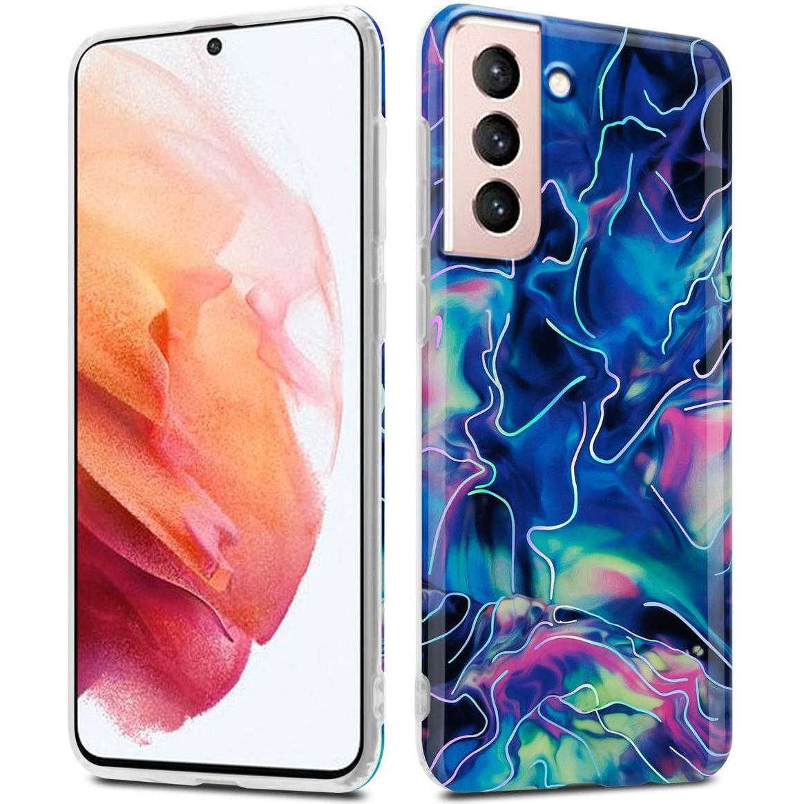 Cadorabo IMD TPU Bunter Marmor Cover (Samsung Galaxy S21 5G), Smartphone Hülle, Blau