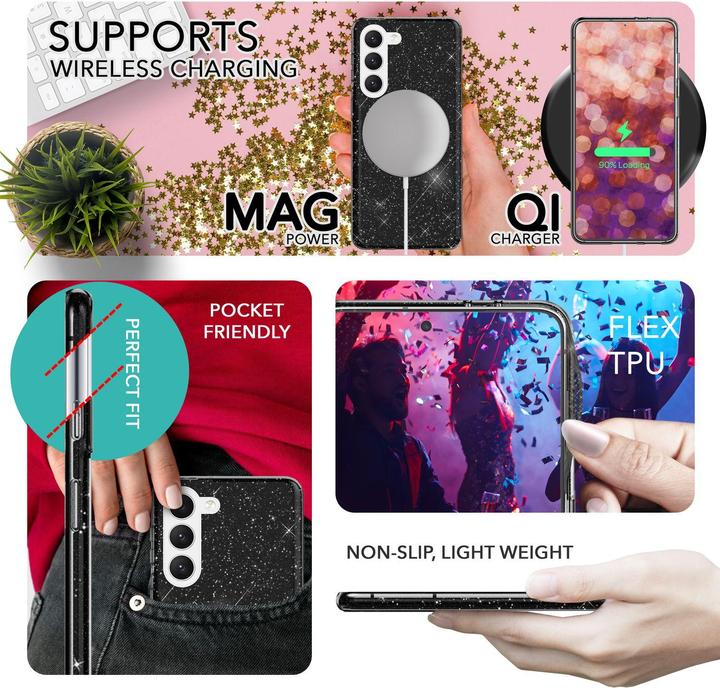 Immagine prodotto Nalia Cover in silicone glitterato con 2x protezioni per lo schermo (Samsung Galaxy S23+)