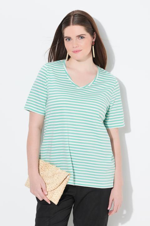 Image du produit Ulla Popken T-shirt rayé en coton bio. Col V et manches courtes (54)