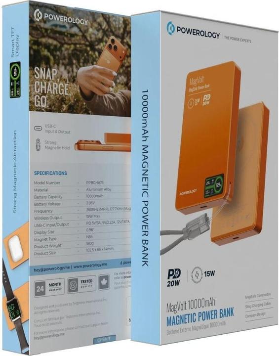 Actual product image Powerology Magvolt 10000 mAh Magsafe, Airpod, Watch mit Display Orange (10000 mAh, 20 W)