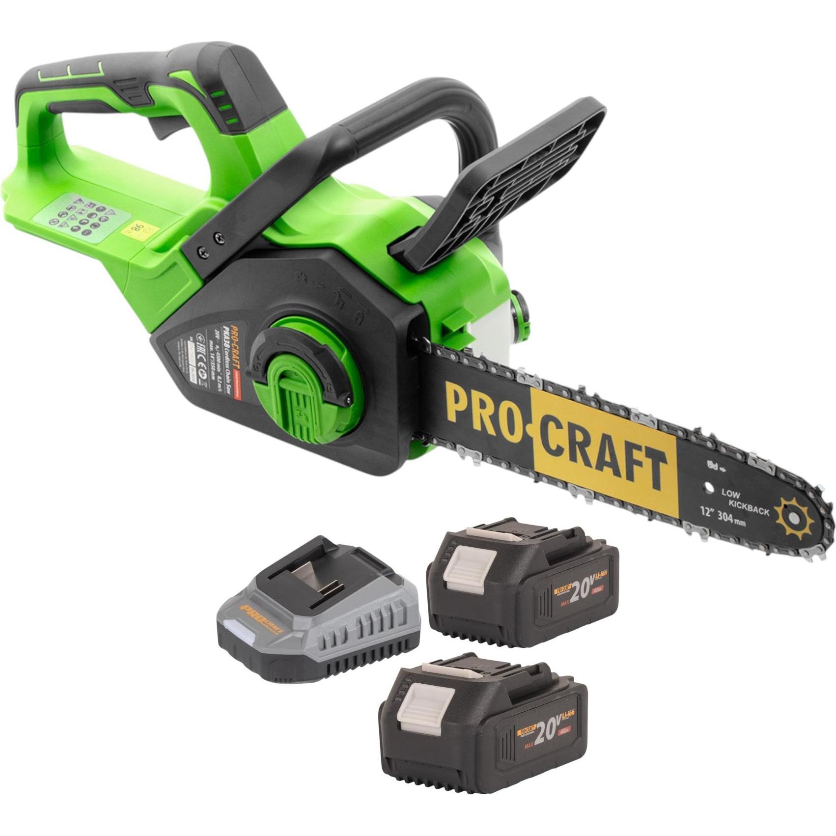 Procraft, Motosega, PKA38 Akku Kettensäge 20 V 304 mm Brushless + 2x Akku 4,0 Ah + Ladegerät