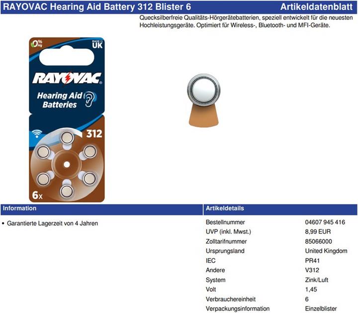 Actual product image Rayovac 60 pieces Hearing aid battery Varta HA312, PR41, 4607, 5000252003205 (60 pcs., 180 mAh)