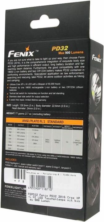 Actual product image Fenix Flashlight PD32 2016 Cree XP-L HI LED Flashlight with up to (12.95 cm, 1200 lm)
