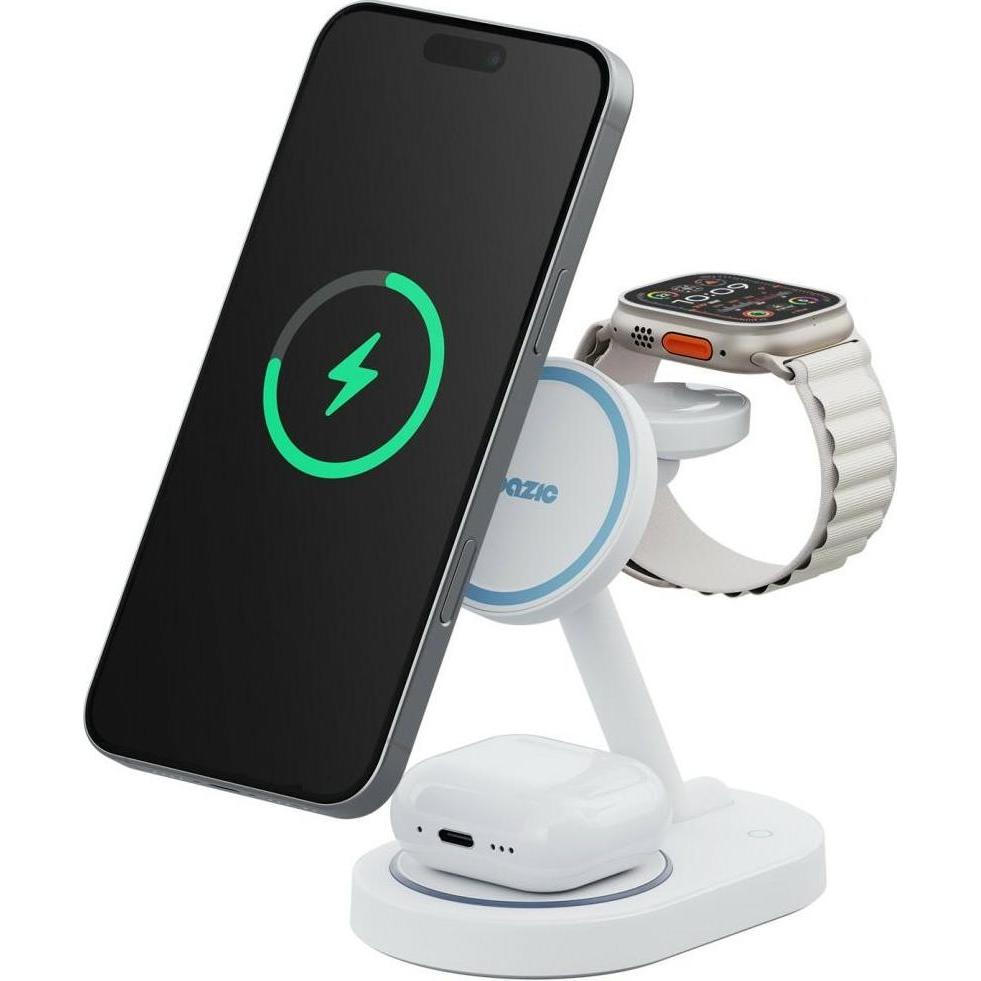 Energea Wireless Charger GoMag Station 2 3-in-1 Fast Charging MagSafe White (15 W), Caricabatteria senza fili, Bianco