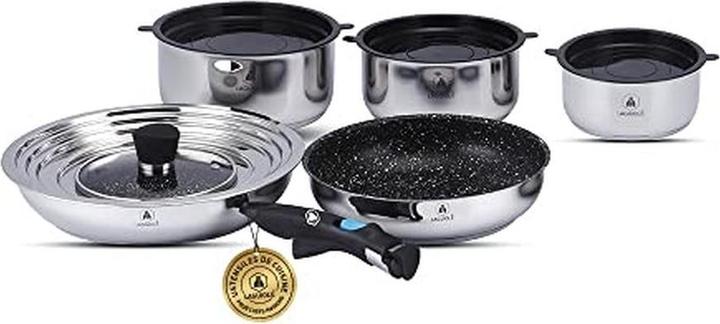 Laguiole Set 10 pièces anti-adhésif induction, poignée amovible, résistant à 230 °C (Ensemble de casseroles et de poêles de cuisson, Acier inoxydable)