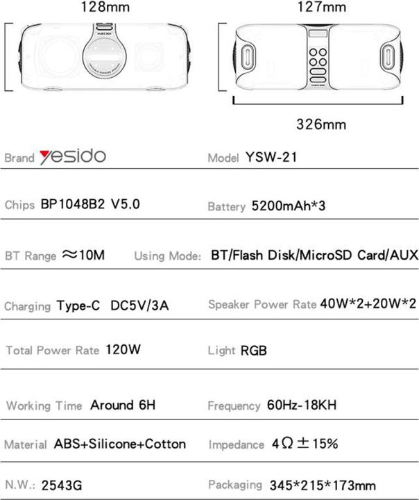Actual product image Yesido BT Speaker YSW21 Karaoke, 120W, RGB, Waterproof, Black