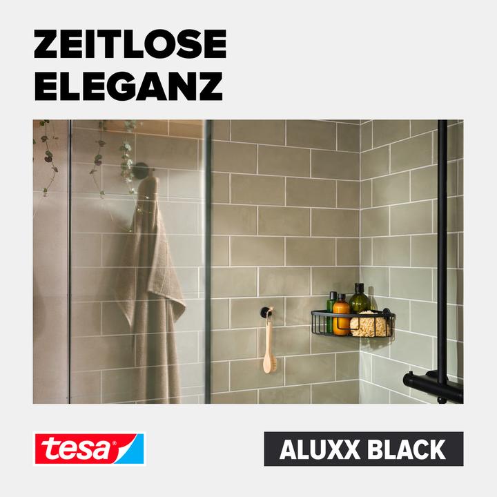 Produktbild tesa ALUXX BLACK Eck-Duschablage inkl. Klebelösung ohne Bohren (9.5 x 20.5 x 21 cm)