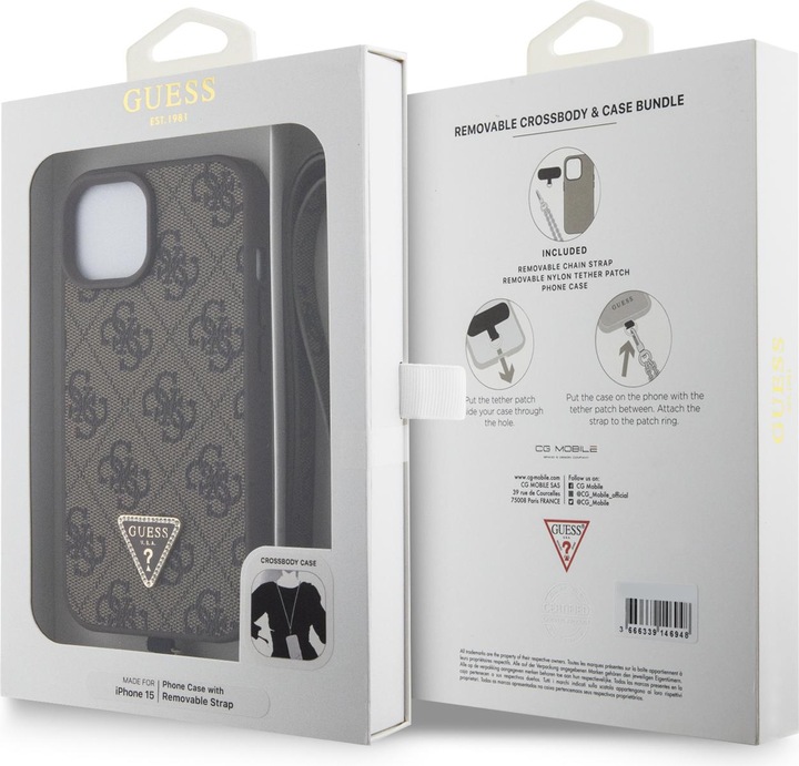 Actual product image Guess PU Leather Metal Logo Rhinestone Crossbody Case for Apple iPhone 15 - brown (Apple iPhone 15)