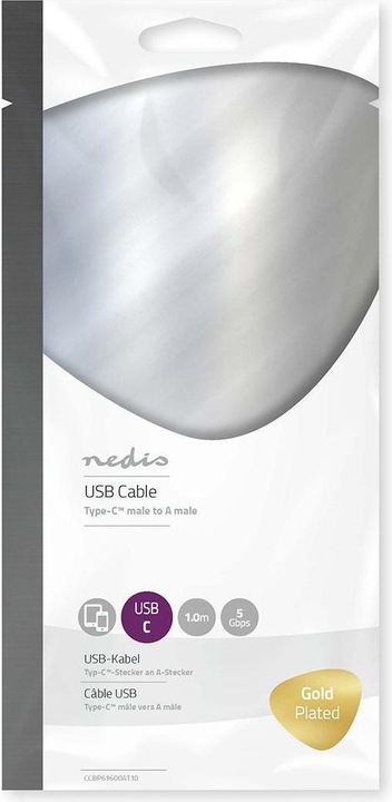 Produktbild Nedis USB-Kabel USB 3.2 Gen 1 USB-A Stecker USB-Typ-C T Stecker 5 Gbps 60 W Vergoldet 1.00 m run (1 m, USB 3.2 Gen 1)