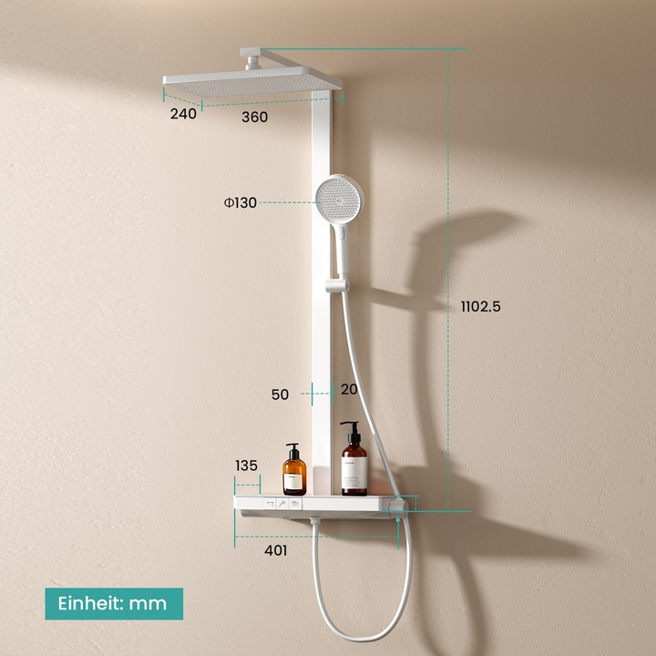 Produktbild Emke Duschsystem Mit Thermostat, Handbrause + Regendusche(3 StrahlstäRken) + Unterer Auslass, mattweiss