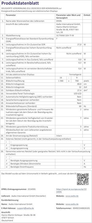 Produktbild Dyon Ultimax 32H-TI-W LED-TV EEK F A - G DVB-C DVB-S2 DVB-T DVB-T2 HD (32", LED, HD)