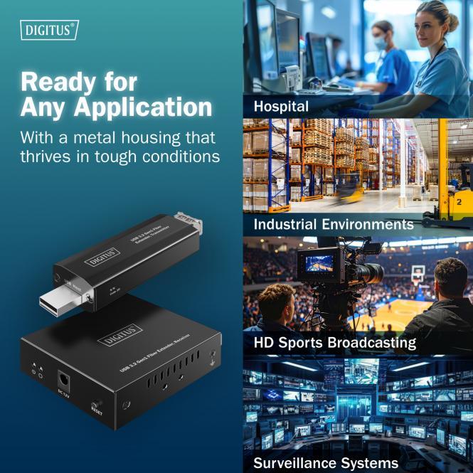 Produktbild Digitus USB 3.2 Gen1 Fiber Extender, 5 Gbps, 4 Ports: 3x USB-A / 1x USB-C, 300m