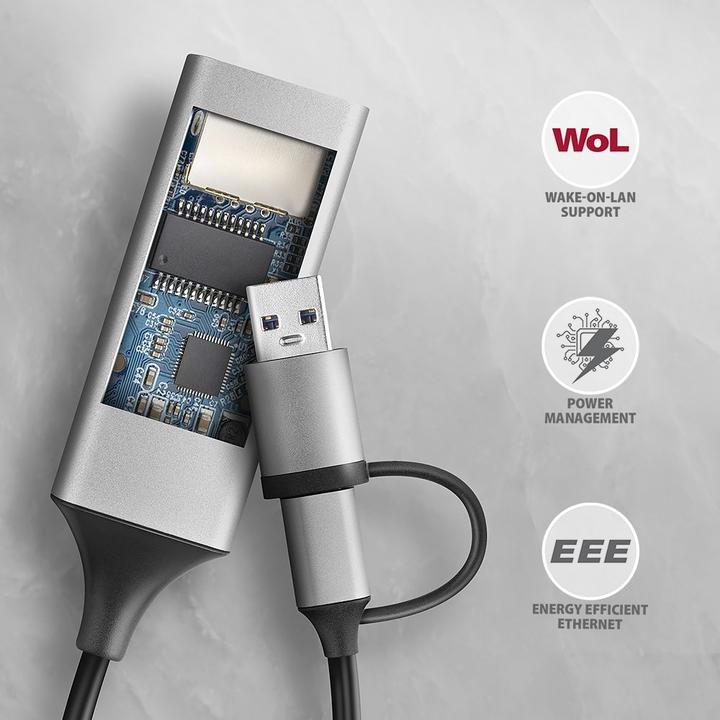 Image du produit Axagon ADE-TXCA, USB-C + USB-A 3.2 Gen 1 - Gigabit Ethernet s????ov?? karta, Asix AX88179, auto instal (USB-C, USB, RJ45 (1x))