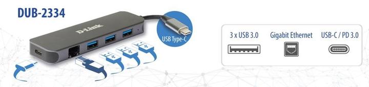 Produktbild D-Link DUB-2334, USB Type-C, RJ-45, USB 3.2 Gen 1 (3.1 Gen 1) Type-A, USB Type-C, 5000 Mbit/s, Grey (USB-C, 5 Ports)