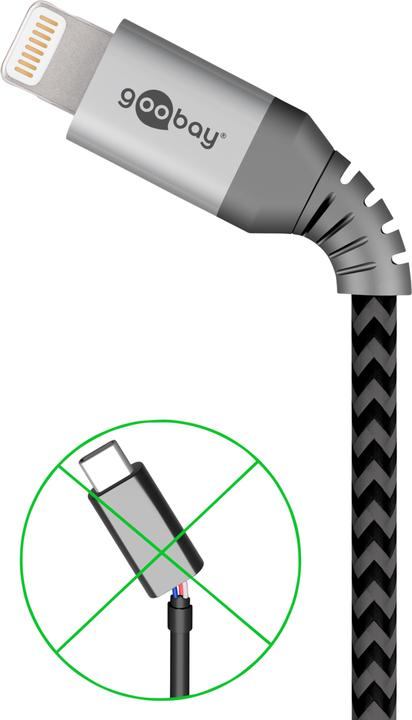Actual product image Goobay Lightning to USB-A textile cable with metal plugs (space gray/silver) 2 m, 2 m, black-gray (2 m, USB 2.0)