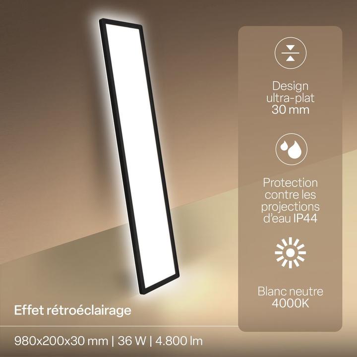 Actual product image B.K.Licht SHALLOW ultraflaches LED Panel, 4000K, IP44, schwarz, 980x200 (4800 lm)