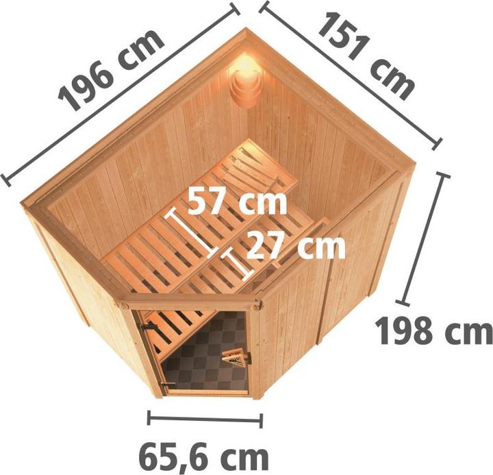 Actual product image Karibu Sauna Caspin corner entry, cornice (Plug & Play 3.6 KW internal control)