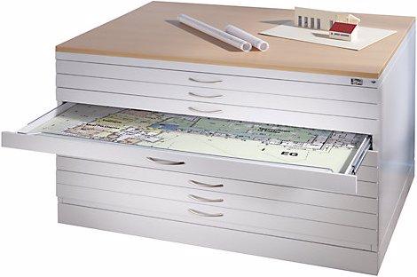 Produktbild C+P Zeichnungsschrank, DIN A0, 5 Schubladen, Höhe 420 mm, lichtgrau / rubinrot