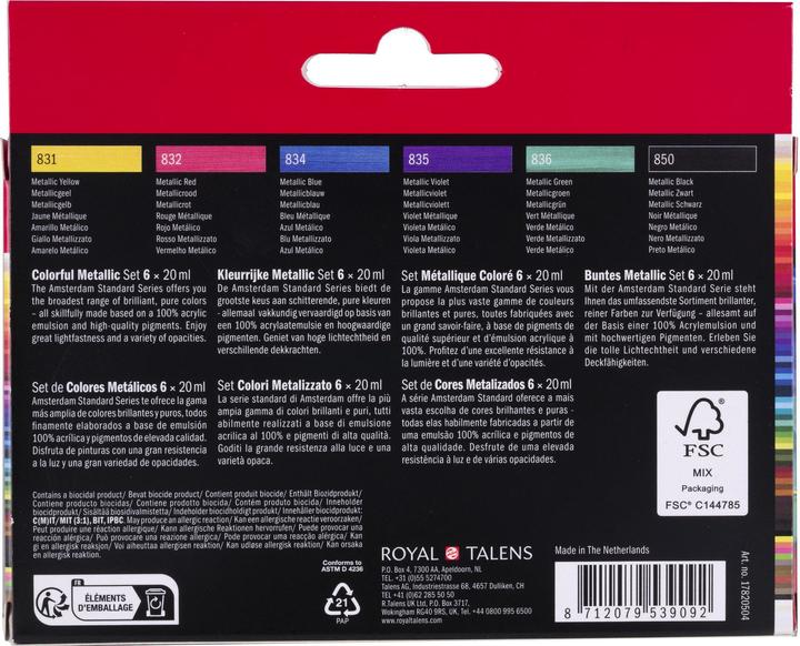 Produktbild Talens Acryl Amsterdam Standard Set Colorful Metallic Selection 6x20ml (Metallic Gelb, Metallic Schwarz, Metallic Grün, Metallic Rot, Metallic violett, Metallic Blau, 120 ml)