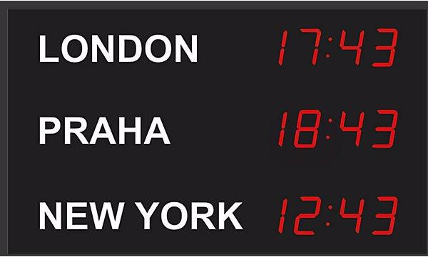 Actual product image Bürk LED world time clock, 3 time zones, vertical layout.