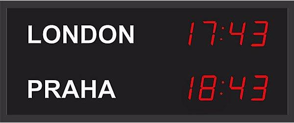Actual product image Bürk LED world time clock, 2 time zones, vertical layout.