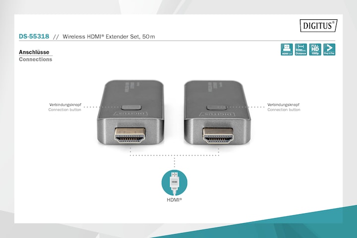 Productafbeelding Digitus Draadloze HDMI verlengerset, 50 m (50 m, HDMI 1.4a)