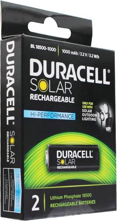 Produktbild Duracell Akku Solar Lithium Phosphat Akku 18500 Li-FePo4 (2 Stk., 18500, 1000 mAh)