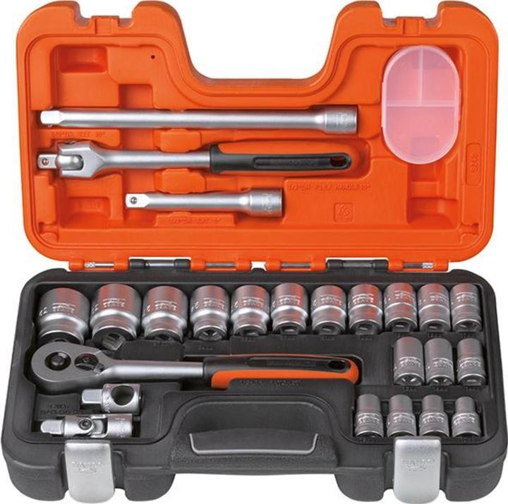 Produktbild Bahco 1/2"-Steckschlüssel-Satz, metrisch, Sechskant, inklusive Umschaltknarre - 24-teilig (10  mm, 11 mm, 12 mm, 13 mm, 14 mm, 15 mm, 16 mm, 17 mm, 18 mm, 19 mm, 20 mm, 21 mm, 22 mm, 23 mm, 24 mm, 27 mm, 30 mm, 32 mm)
