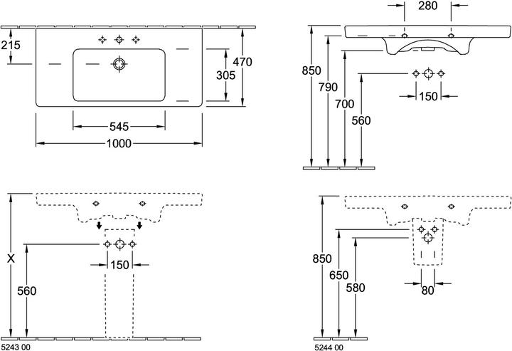 Actual product image Villeroy & Boch Subway 2.0 cabinet washbasin 100 cm white 7175A001 (470 mm, 1000 mm)