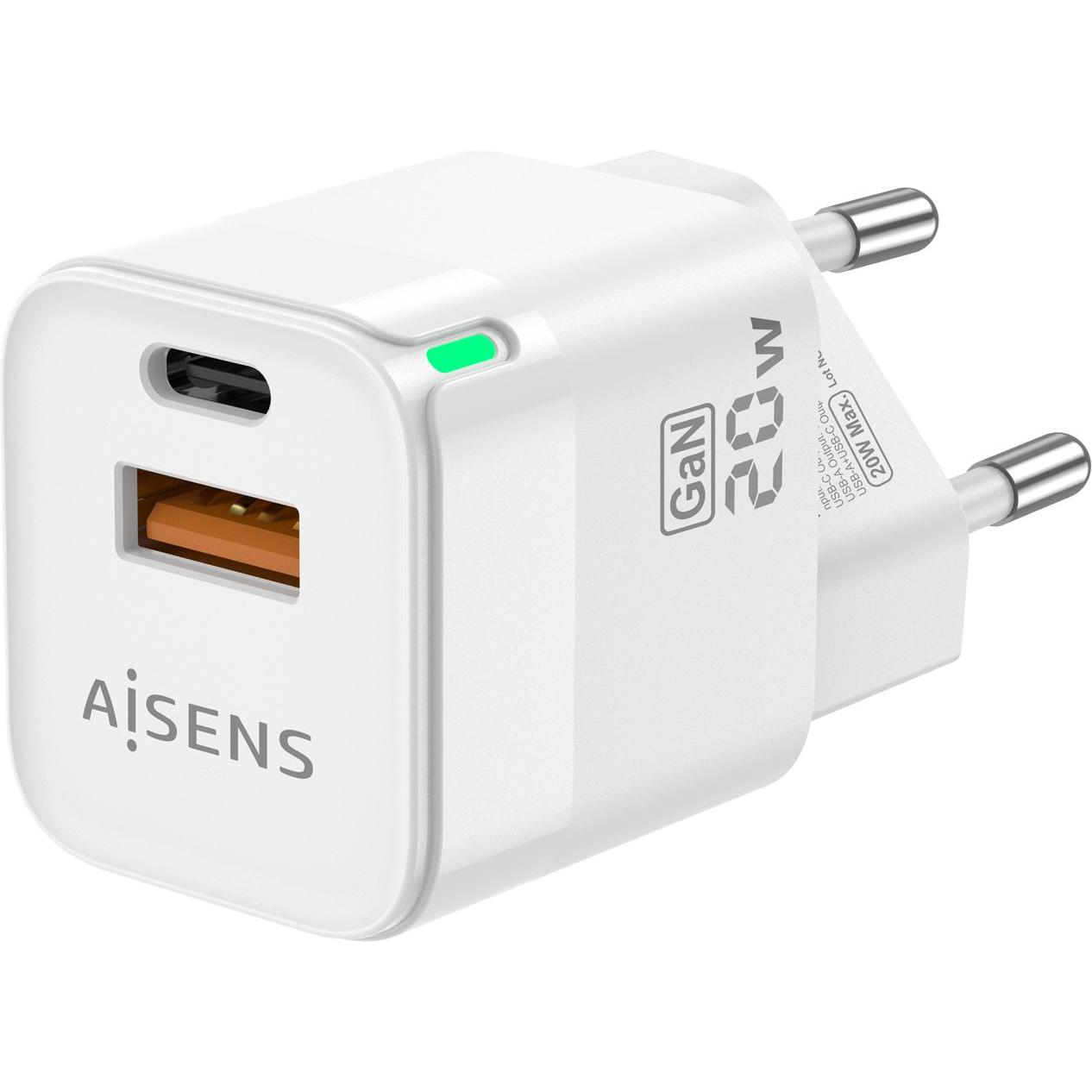 Aisens CARGADOR GAN 20W 1XUSB-C PD3.0 QC4.0 1XUSB-A QC3.0 BLANCO (20 W), Caricatore USB, Bianco