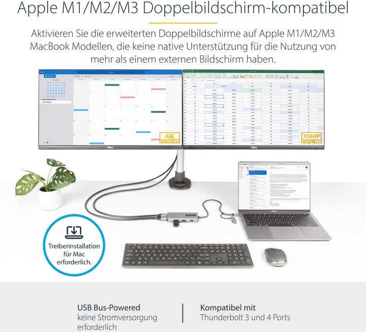 Produktbild StarTech COM USB-C & USB-A Multiport Adapter Dual HDMI 4K/1080p 3-Port USB Hub USB-C to A Dongle Min (USB-C)