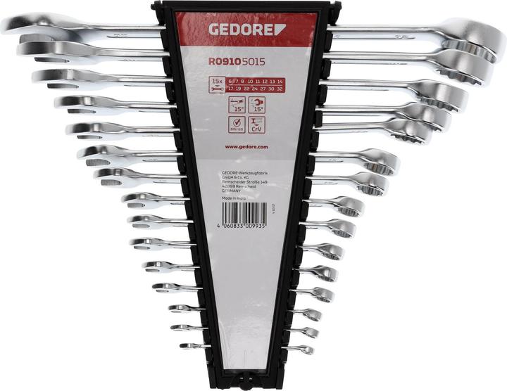 Produktbild Gedore Red red Ring-Maulschlüssel-Satz, 15-teilig, SW 6-32, Chrom-Vanadium-Stahl, Silber (32 mm, 19 mm, 6 mm, 12 mm, 24 mm, 14 mm, 22 mm, 16 mm, 23 mm, 10  mm, 21 mm, 18 mm, 27 mm, 7 mm, 31 mm, 17 mm, 11 mm, 15 mm, 26 mm, 30 mm, 8 mm, 28 mm, 9 mm, 29 mm, 13 mm, 20 mm, 25 mm)