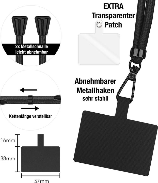 Produktbild Nalia Handyband + Pad für Hülle zum Umhängen, Karabinerhaken Anhänger aus Metall (matt schwarz)