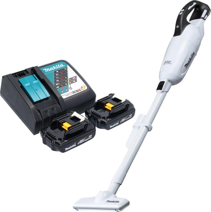Makita DCL 281 FRYW Akku Staubsauger 18 V weiss Brushless + 2x Akku 1,5 Ah + Ladegerät