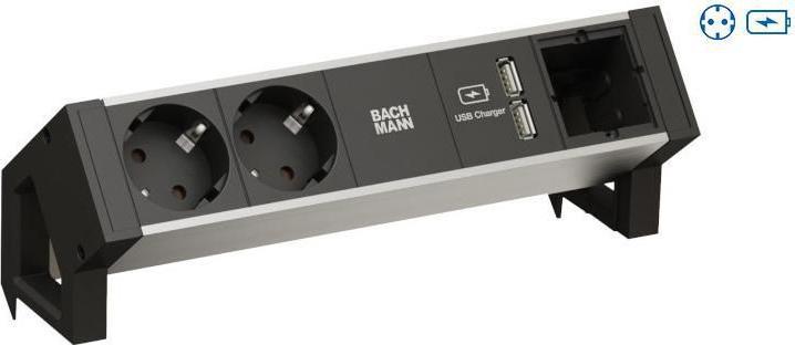 Actual product image Bachmann DESK2 ALU BLACK 1x earthing contact 1x USB charger GST18 (1 x, CEE 7/3)