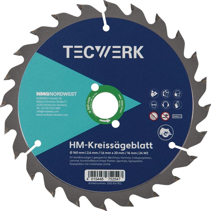 Tecwerk Handkreissägeblatt Aussen-Ø 190 mm Zähnezahl 24 WZ Bohrung 30 mm Schnittbreite 2,6 mm