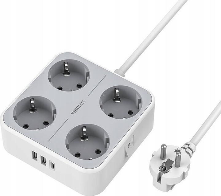 Actual product image Tessan Power strip TS-302-C-GR (6x, USB-A, USB-C, 2 m)